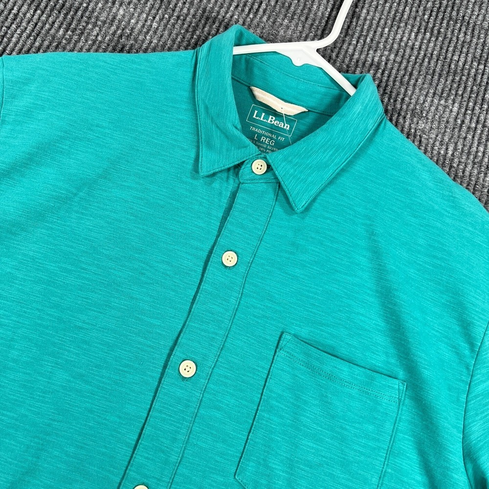 LL Bean Shirt Mens Large Green Short Sleeve Button Up Traditional Fit Casual New